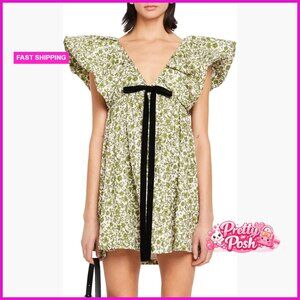 Floral Print Mini Dress with Puff Sleeves V-Neck Babydoll Bow